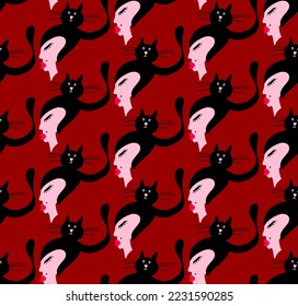 Abstract Hand Drawing Cute Woman Girl Silhouettes with Cats Seamless Vector Pattern Isolated Background