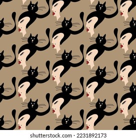 Abstract Hand Drawing Cute Woman Girl Silhouettes with Cats Seamless Vector Pattern Isolated Background