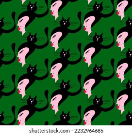 Abstract Hand Drawing Cute Woman Girl Silhouettes with Cats Seamless Vector Pattern Isolated Background