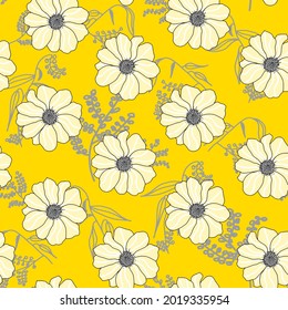 Abstract Hand Drawing Dahlia Flowers Leaves and Branches Seamless Vector Pattern Isolated Background