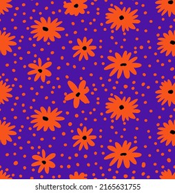 Abstract Hand Drawing Daisy Ditsy Chamomile Flowers and Dots Seamless Vector Pattern Isolated Background  