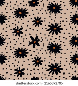 Resumen Dibujo a mano Daisy Ditsy Chamomile Flores y puntos Patrón vectorial sin soldadura Fondo aislado  
