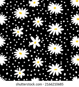 Abstraktes Handzeichnen dunkle, kamile Blumen und Punkte Nahtloses Vektormuster, isolierter Hintergrund  