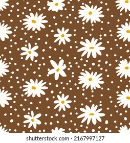 Abstract Hand Drawing Daisy Ditsy Chamomile Flowers and Dots Seamless Vector Pattern Isolated Background  