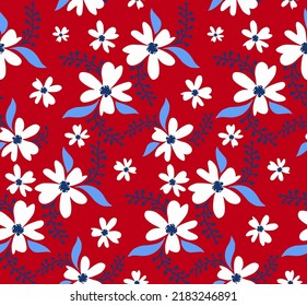 Abstract Hand Drawing Daisy Ditsy Retro Flowers and Leaves Seamless Vector Pattern Isolated Background