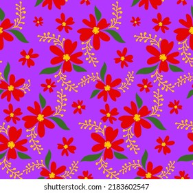 Abstract Hand Drawing Daisy Ditsy Retro Flowers and Leaves Seamless Vector Pattern Isolated Background