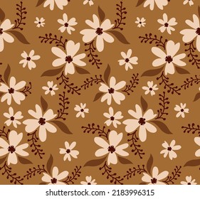 Abstract Hand Drawing Daisy Ditsy Retro Flowers and Leaves Seamless Vector Pattern Isolated Background