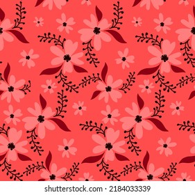 Abstract Hand Drawing Daisy Ditsy Retro Flowers and Leaves Seamless Vector Pattern Isolated Background