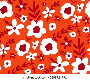 Abstract Hand Drawing Daisy Ditsy Retro Flowers and Leaves Seamless Vector Pattern Isolated Background