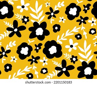Abstract Hand Drawing Daisy Ditsy Retro Flowers and Leaves Seamless Vector Pattern Isolated Background