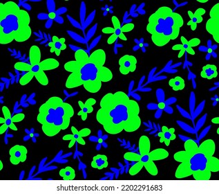 Abstract Hand Drawing Daisy Ditsy Retro Flowers and Leaves Seamless Vector Pattern Isolated Background