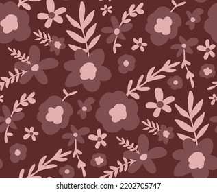 Abstract Hand Drawing Daisy Ditsy Retro Flowers and Leaves Seamless Vector Pattern Isolated Background