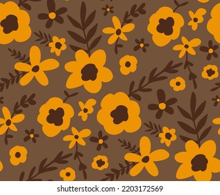 Abstract Hand Drawing Daisy Ditsy Retro Flowers and Leaves Seamless Vector Pattern Isolated Background