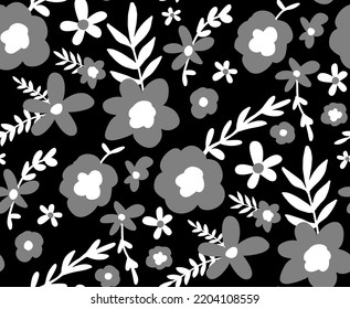 Abstract Hand Drawing Daisy Ditsy Retro Flowers and Leaves Seamless Vector Pattern Isolated Background