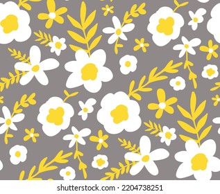 Abstract Hand Drawing Daisy Ditsy Retro Flowers and Leaves Seamless Vector Pattern Isolated Background