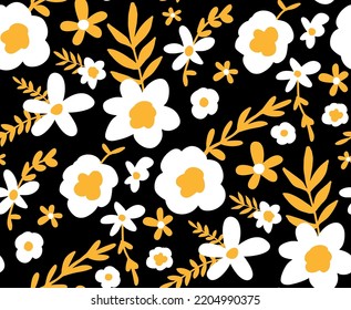 Resumen Dibujo a mano Daisy Ditsy Flores retro y deja un patrón vectorial sin soldadura fondo aislado