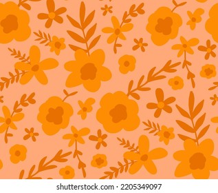 Abstract Hand Drawing Daisy Ditsy Retro Flowers and Leaves Seamless Vector Pattern Isolated Background