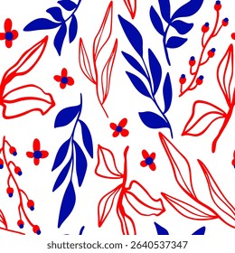 Abstract Hand Drawing Daisy Ditsy Retro Flowers Branches and Leaves Seamless Vector Pattern Isolated Background