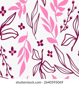 Abstract Hand Drawing Daisy Ditsy Retro Flowers Branches and Leaves Seamless Vector Pattern Isolated Background