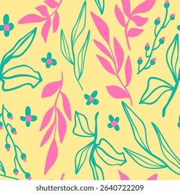 Abstract Hand Drawing Daisy Ditsy Retro Flowers Branches and Leaves Seamless Vector Pattern Isolated Background