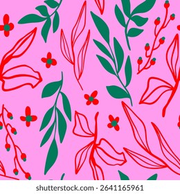 Abstract Hand Drawing Daisy Ditsy Retro Flowers Branches and Leaves Seamless Vector Pattern Isolated Background