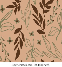 Abstract Hand Drawing Daisy Ditsy Retro Flowers Branches and Leaves Seamless Vector Pattern Isolated Background