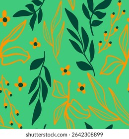 Abstract Hand Drawing Daisy Ditsy Retro Flowers Branches and Leaves Seamless Vector Pattern Isolated Background
