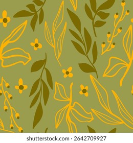 Abstract Hand Drawing Daisy Ditsy Retro Flowers Branches and Leaves Seamless Vector Pattern Isolated Background