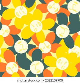 Abstract Hand Drawing Daisy Flower Faces Seamless Vector Pattern Isolated Background