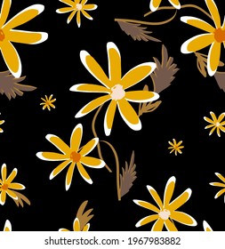 Abstract Hand Drawing Daisy Flowers and Leaves Repeating Vector Pattern Isolated Background 