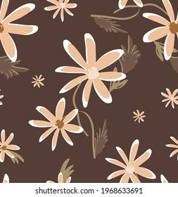 Abstract Hand Drawing Daisy Flowers and Leaves Repeating Vector Pattern Isolated Background 