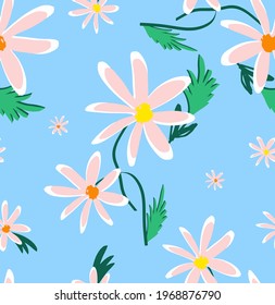 Abstract Hand Drawing Daisy Flowers and Leaves Repeating Vector Pattern Isolated Background 