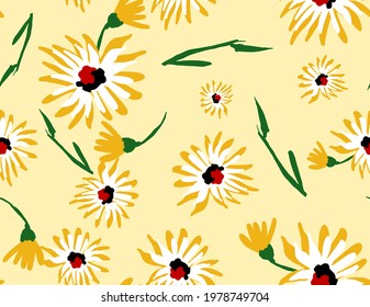 Abstract Hand Drawing Daisy Flowers and Leaves Seamless Vector Pattern Isolated Background