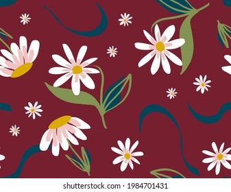Abstract Hand Drawing Daisy Flowers and Leaves Seamless Vector Pattern Isolated Background 