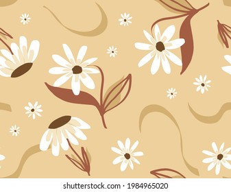 Abstract Hand Drawing Daisy Flowers and Leaves Seamless Vector Pattern Isolated Background 