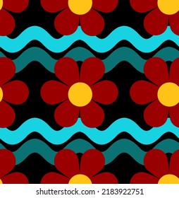 Abstract Hand Drawing Daisy Flowers with Wavy Lines Seamless Vector Pattern Isolated Background