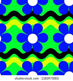 Abstract Hand Drawing Daisy Flowers with Wavy Lines Seamless Vector Pattern Isolated Background