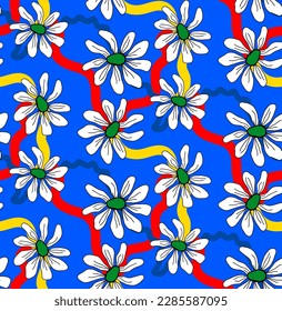 Abstract Hand Drawing Daisy Flowers with Brush Strokes Wavy Lines Seamless Vector Pattern Isolated Background