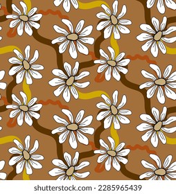Abstract Hand Drawing Daisy Flowers with Brush Strokes Wavy Lines Seamless Vector Pattern Isolated Background