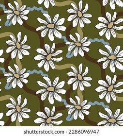 Abstraktes Handziehen Daisy Blumen mit Pinselstrichen Wavy Lines Seamless Vectordesign Einziger Hintergrund