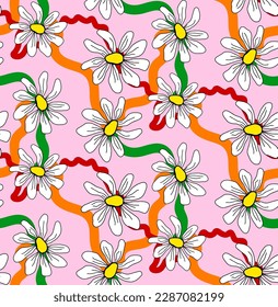 Abstracto Flores de margarita dibujando mano con pinceles líneas onduladas de pincel Patrón vectorial sin soldadura Fondo aislado