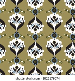 Abstract Hand Drawing Damask Ethnic Ceramic Folk Flowers and Leaves Repeating Vector Pattern Isolated Background