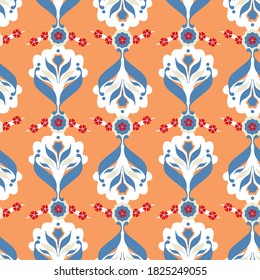 Abstracto Damasco de Plano de Mano Étnico Cerámico Flores Folclóricas y Hojas Patrón Vector Repetidor Fondo Aislado