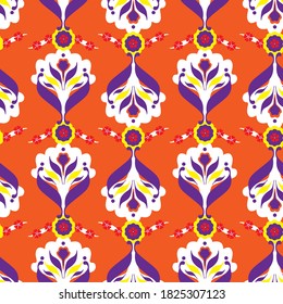 Abstract Hand Drawing Damask Ethnic Ceramic Folk Flowers and Leaves Repeating Vector Pattern Isolated Background