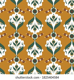 Abstract Hand Drawing Damask Ethnic Ceramic Folk Flowers and Leaves Repeating Vector Pattern Isolated Background