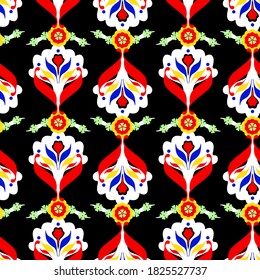 Abstract Hand Drawing Damask Ethnic Ceramic Folk Flowers and Leaves Repeating Vector Pattern Isolated Background