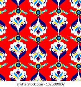 Abstracto Damasco de Plano de Mano Étnico Cerámico Flores Folclóricas y Hojas Patrón Vector Repetidor Fondo Aislado