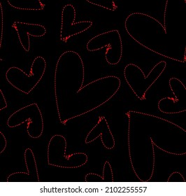 Abstract Hand Drawing Dashed Lines Hearts with Scissors Seamless Vector Pattern Isolated Background