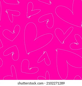 Abstract Hand Drawing Dashed Lines Hearts with Scissors Seamless Vector Pattern Isolated Background