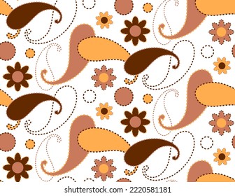 Abstract Hand Drawing Dashed Lines Paisleys Flowers and Dots Geometric Seamless Vector Pattern Isolated Background